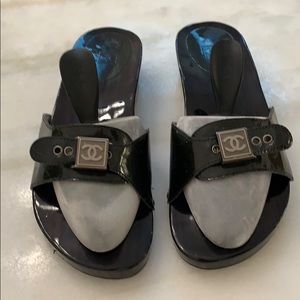 Channel patent leather wooden slides